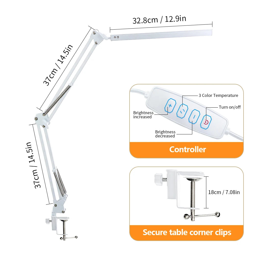 Eye-Caring LED Folding Metal Desk Lamp Adjustable Brightness Levels Flexible Rotating Lamp Head for Home Reading PC