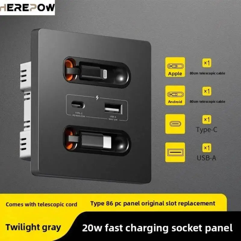 20W USB Type-C Fast Charging Socket USB C Port Multifunctional Universal Smart Wall Adapter With Dual Expandable Charging Cables