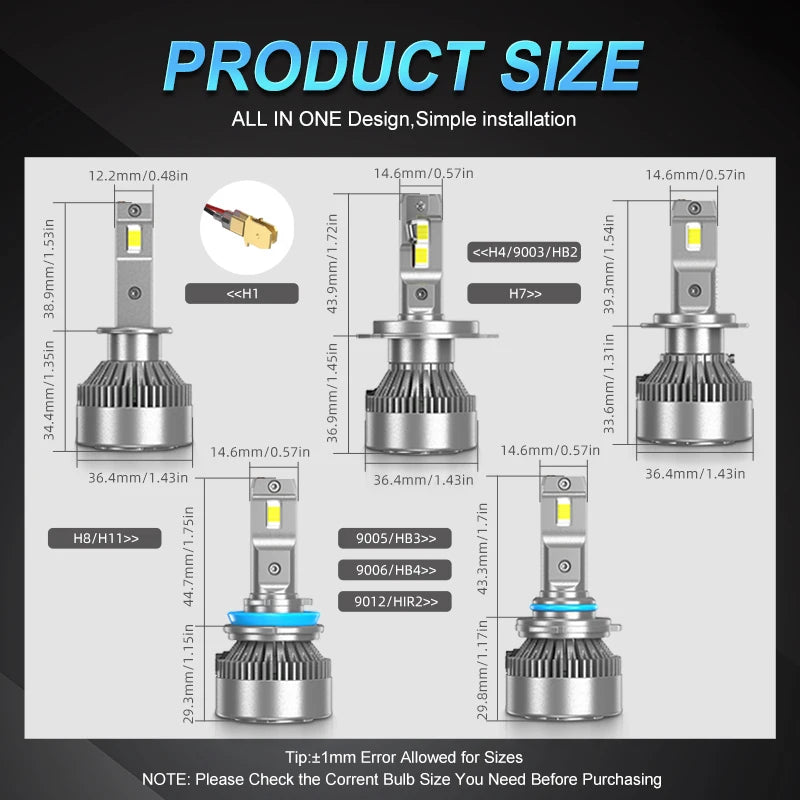 2x GT Series H1 H4 H7 H8 H11 9006 9005 HB3 LED Headlight Bul