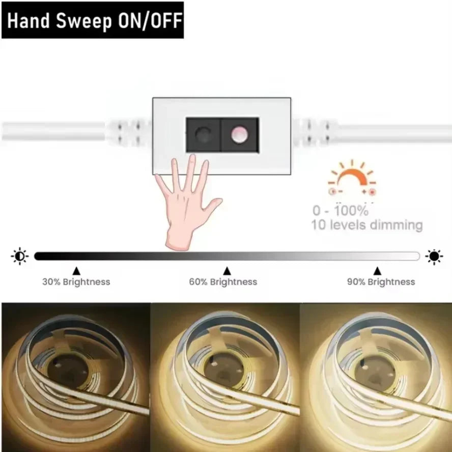 5V USB COB LED Strip 1-5M 320LEDs/M Touch Sensor Dimmable Flexible Tape for Mirror TV Kitchen Room DIY Backlight Decor Lighting
