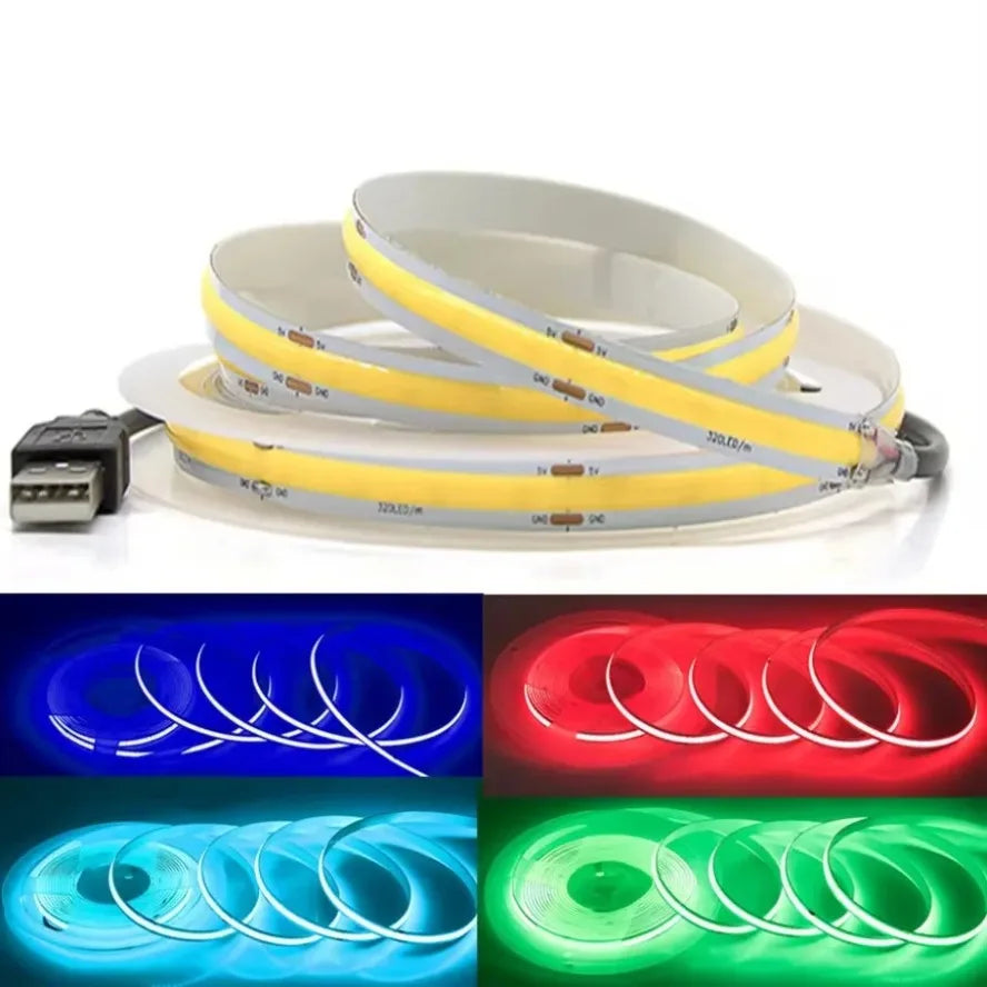 5V USB COB Lamp Strip 320LEDs/M White/Red/Pink/Ice Blue/Yell