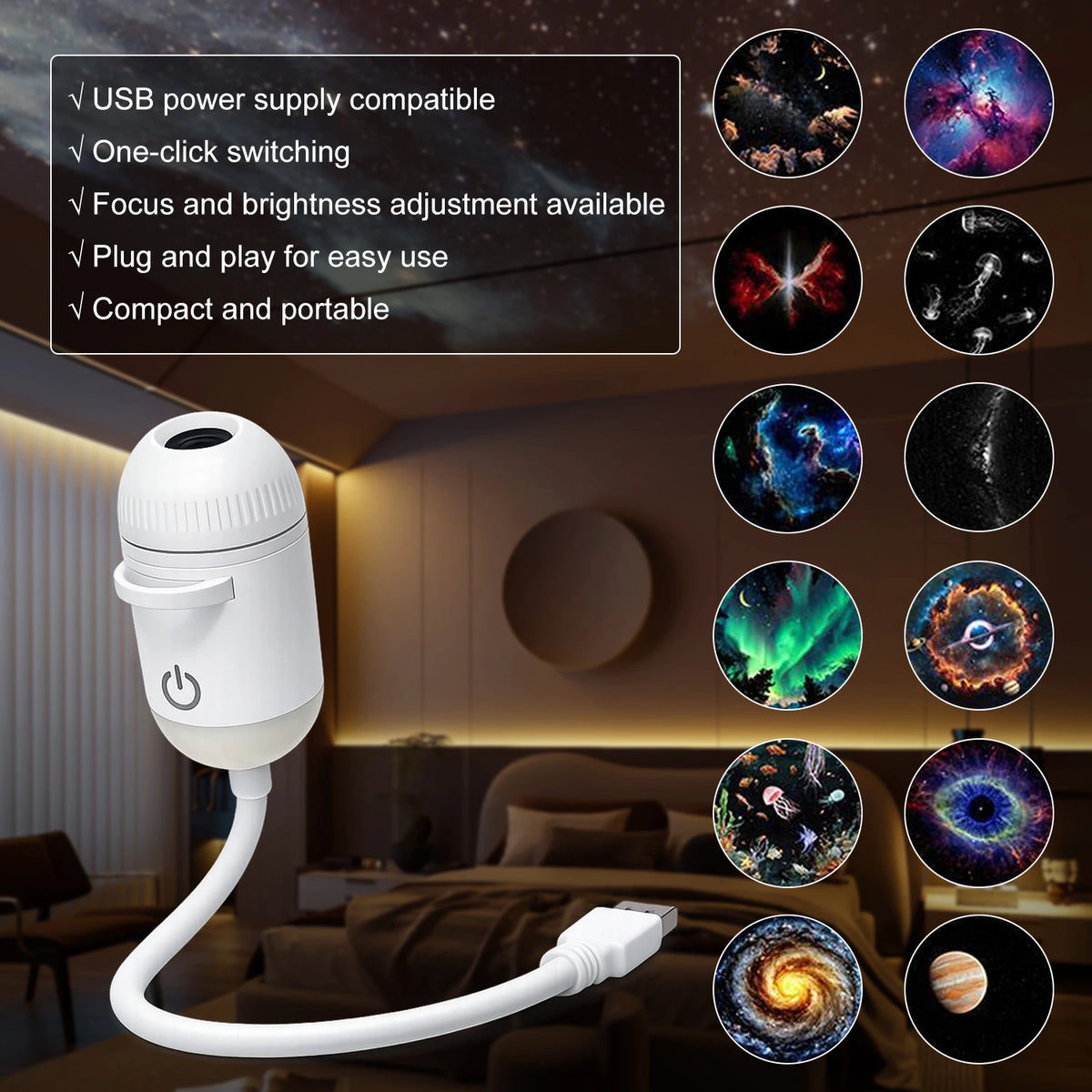 2 In 1 Usb Star Projector Lamp Manual Focus Adjustable Proje