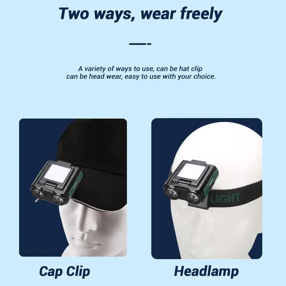 Sensor COB LED Headlamp Cap Clip Light USB Rechargeable Head