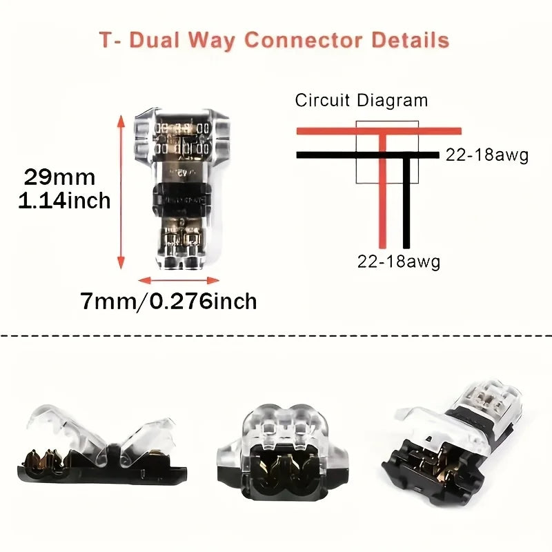10/100PCS Wire Cable Snap In T2 Connector No-solder No-peel 