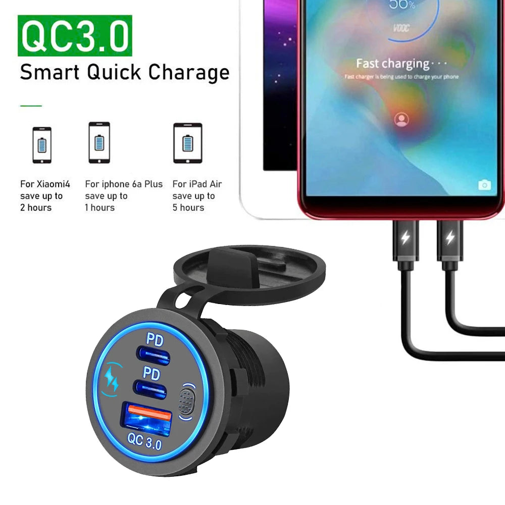 3 Ports Quick Charge Dual PD & QC 3.0 112W Aperture Car Char