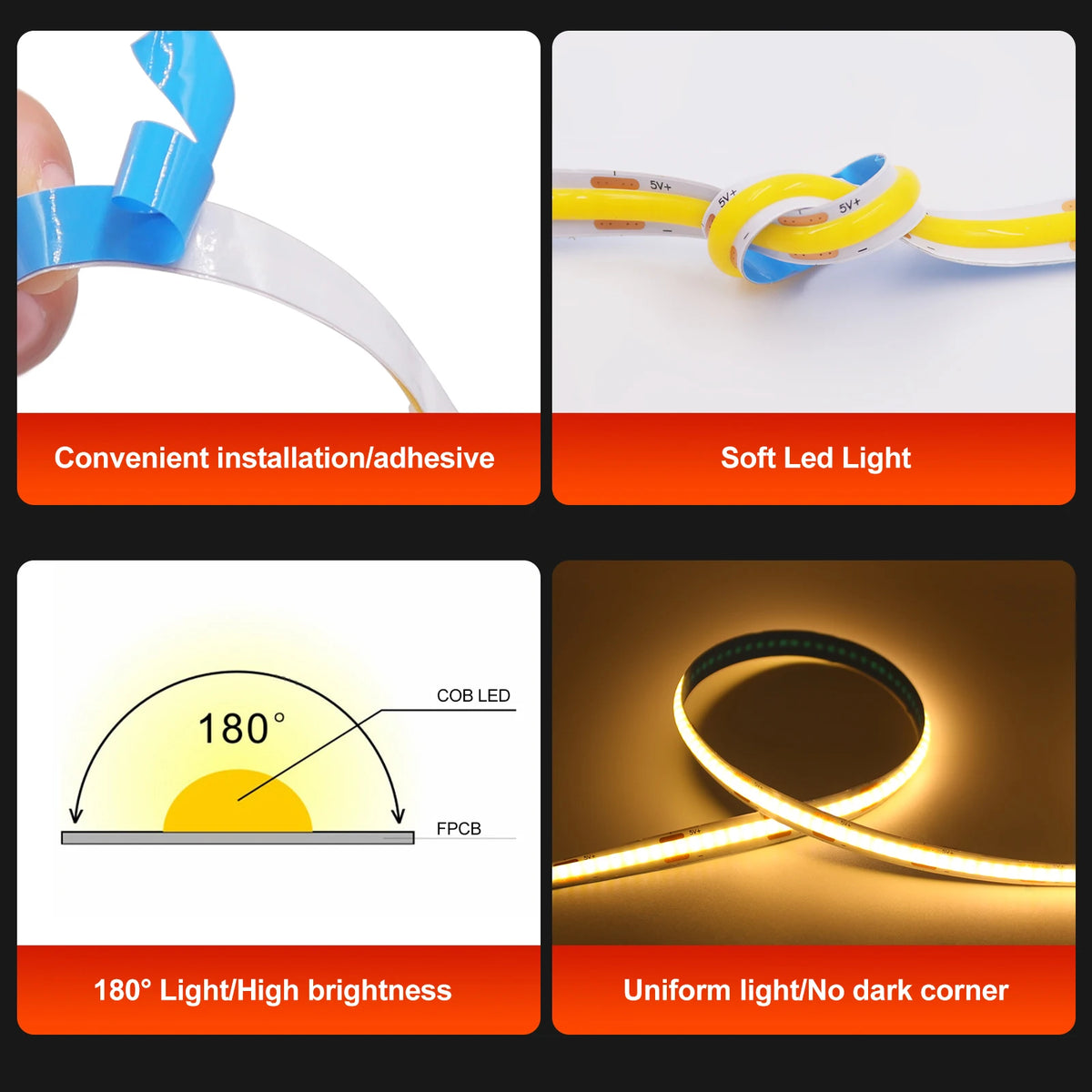 5V COB LED Strip High Density 320LEDs/m USB LED Light Red Gr