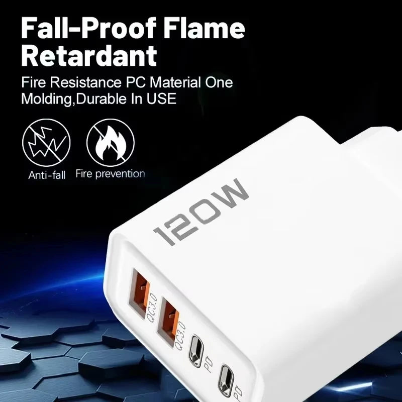 4 Port 120W USB C Fast Charger Station PD QC3.0 Wall Adapter