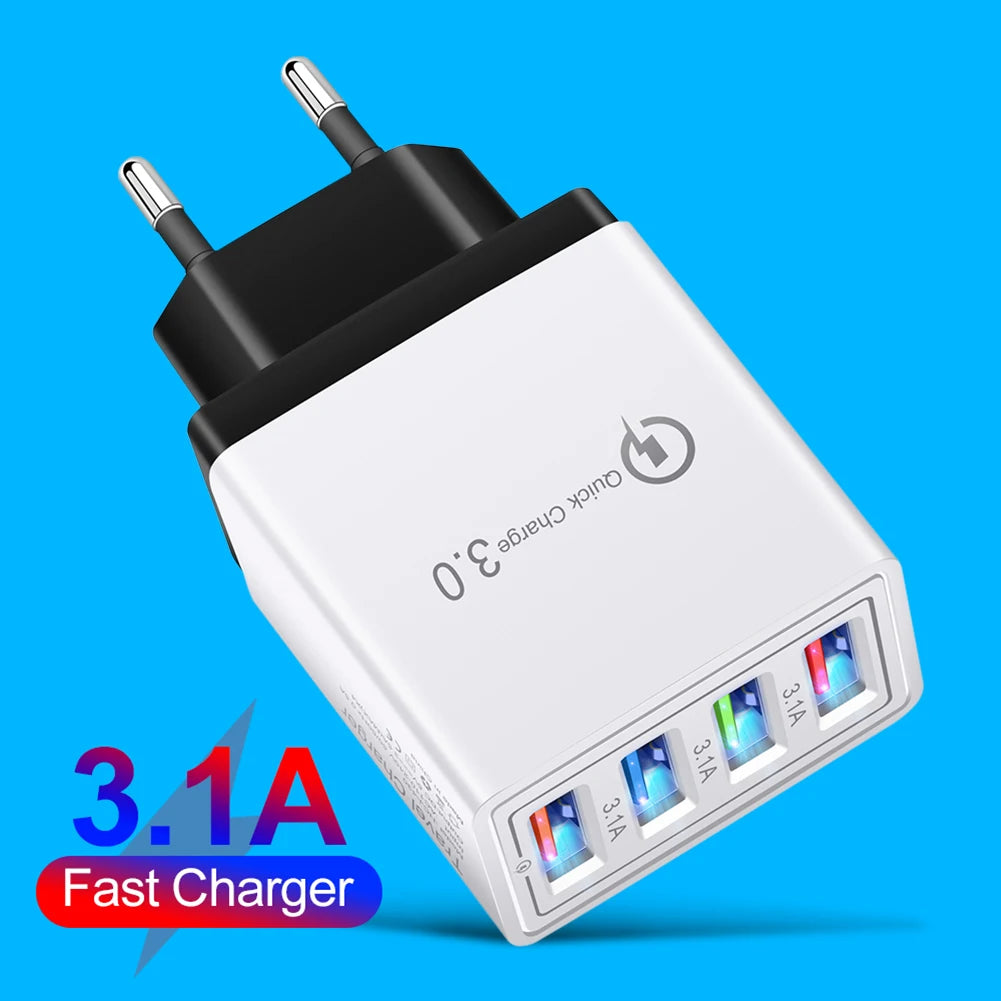 QC 3.0 Quick Charger 5V 3A USB Charger Fast Charging Charge 4 Ports LED Light Phone Charge Adapter EU Plug Charger Accessories