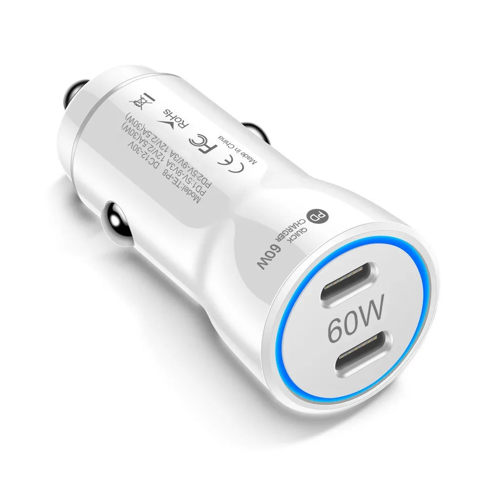 MZX 60W Smart Car Charger PD Type C Quick Dual USB A Fast Ch