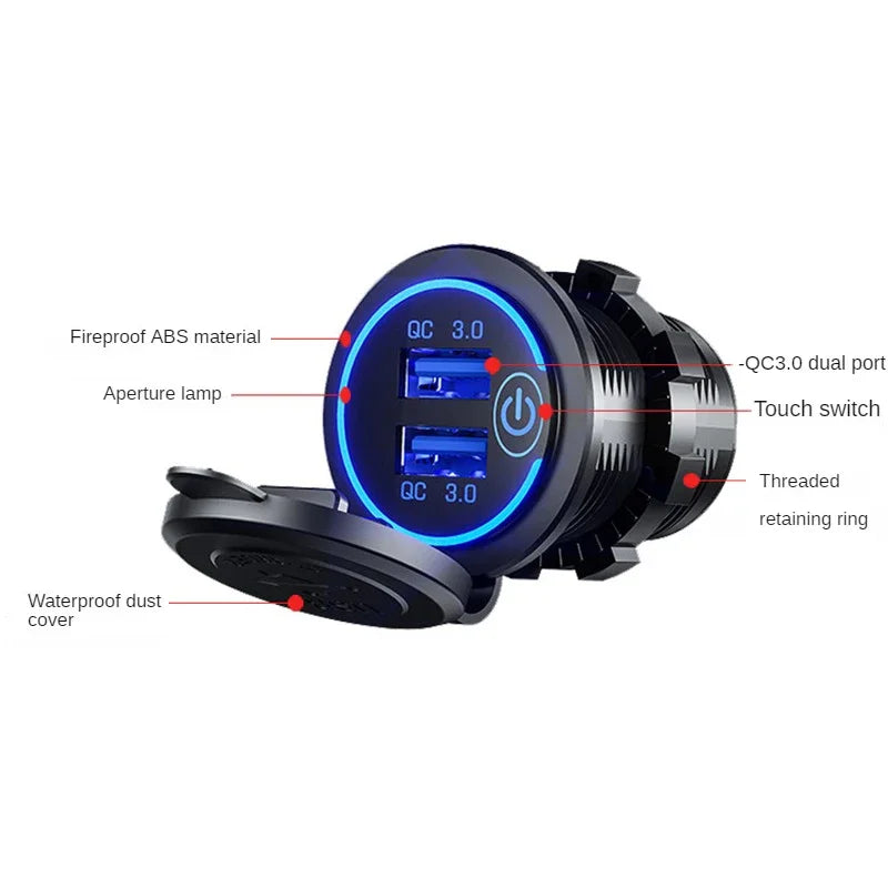 Dual QC 3.0 Dual USB Fast Car Charger Socket 12V/24V Waterpr