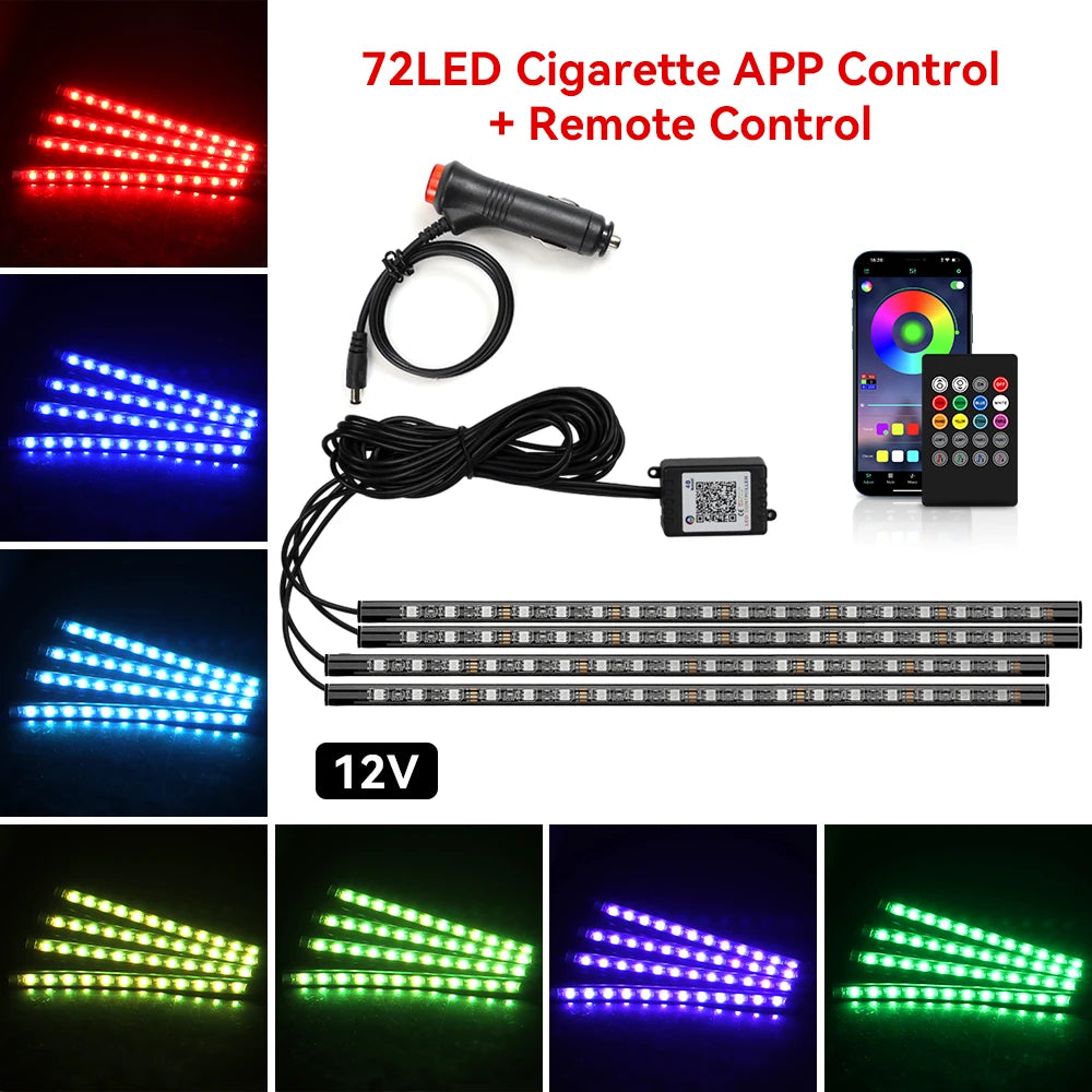 72/48/36 LED RGB Car Foot Ambient Light with USB Cigarette Automotive Interior Lights Strip Decoration Bar Remote/Voice Control