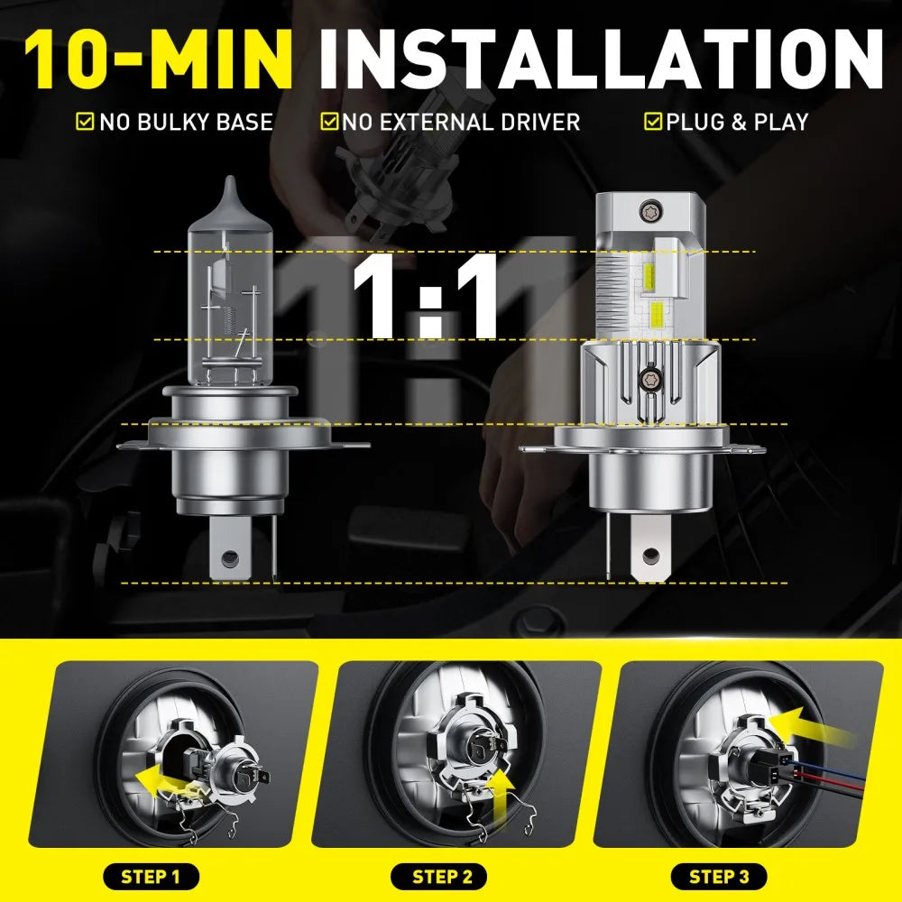 AUXITO 2Pcs Fanless H4 LED Bulbs High Beam Low Beam For Car 