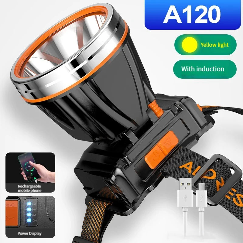 New Powerful LED Headlamp Type-C Rechargeable Headlight Fishing Outdoor Camping Head Lamp Built in 4000mAh Li-Battery Flashlight