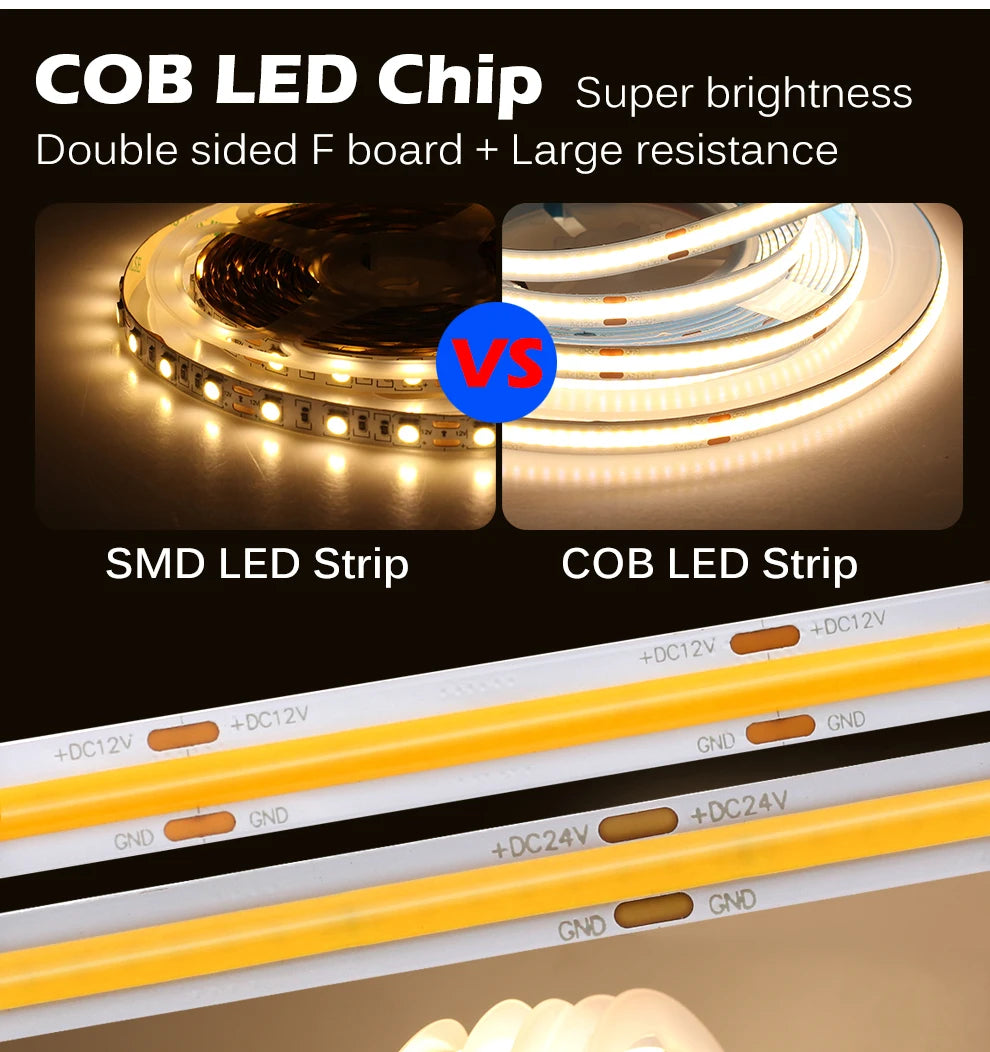 DC24V 2700K-6500K CCT COB FOB LED Strip Light 608LEDs/M Dimm