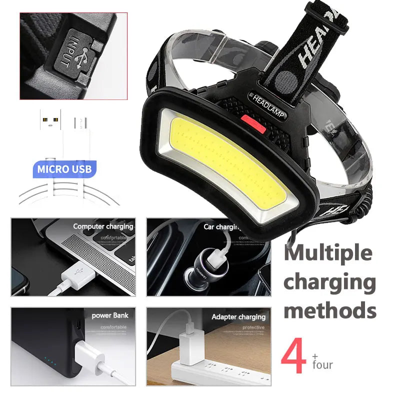 COB LED Headlamp USB Rechargeable Red White Light Fishing He