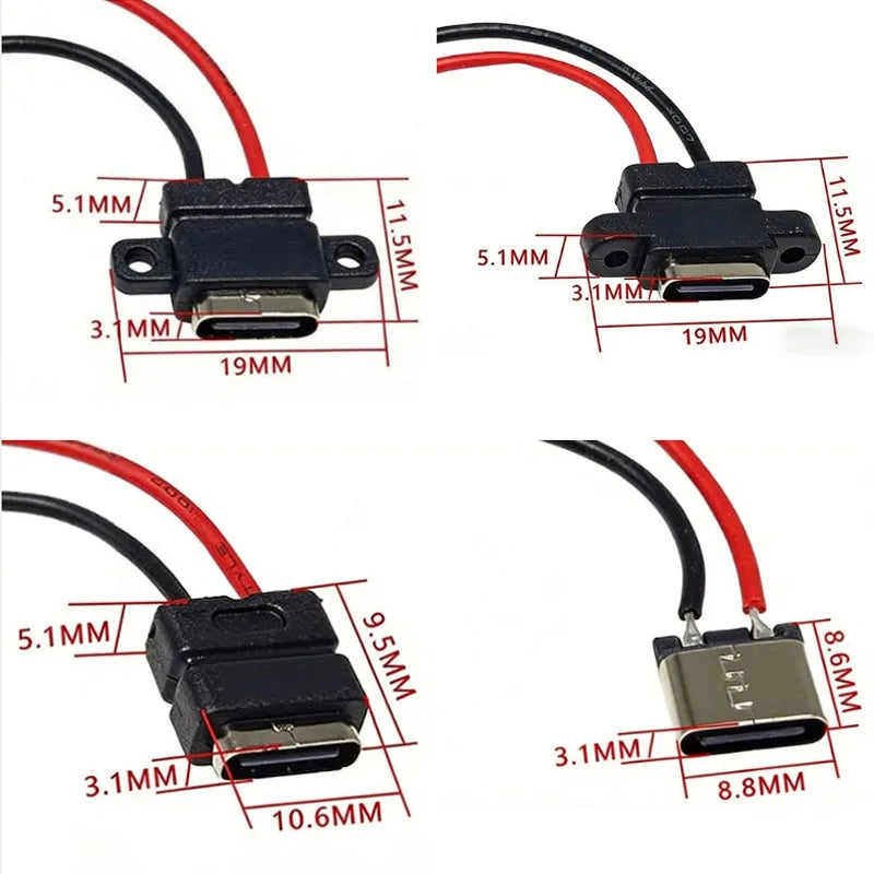 1-10PCS Type C 2 Pin Waterproof Female USB C Socket Port Wit
