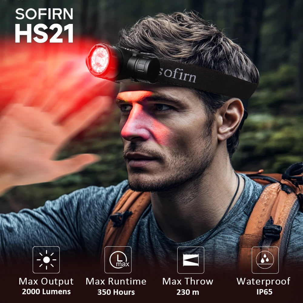 SOFIRN HS21 SFT40 2000lm EDC Red Headlight 18650 USB C Flash