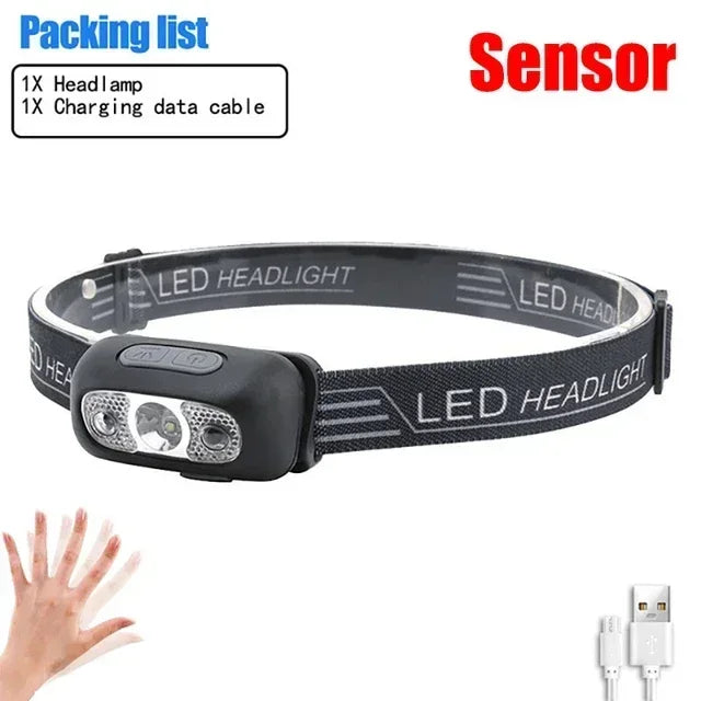 Strong Light Headlamp Portable LED Sensor Headlamp USB Rechargeable Head Flashlight Outdoor Camping Fishing Emergency Lantern