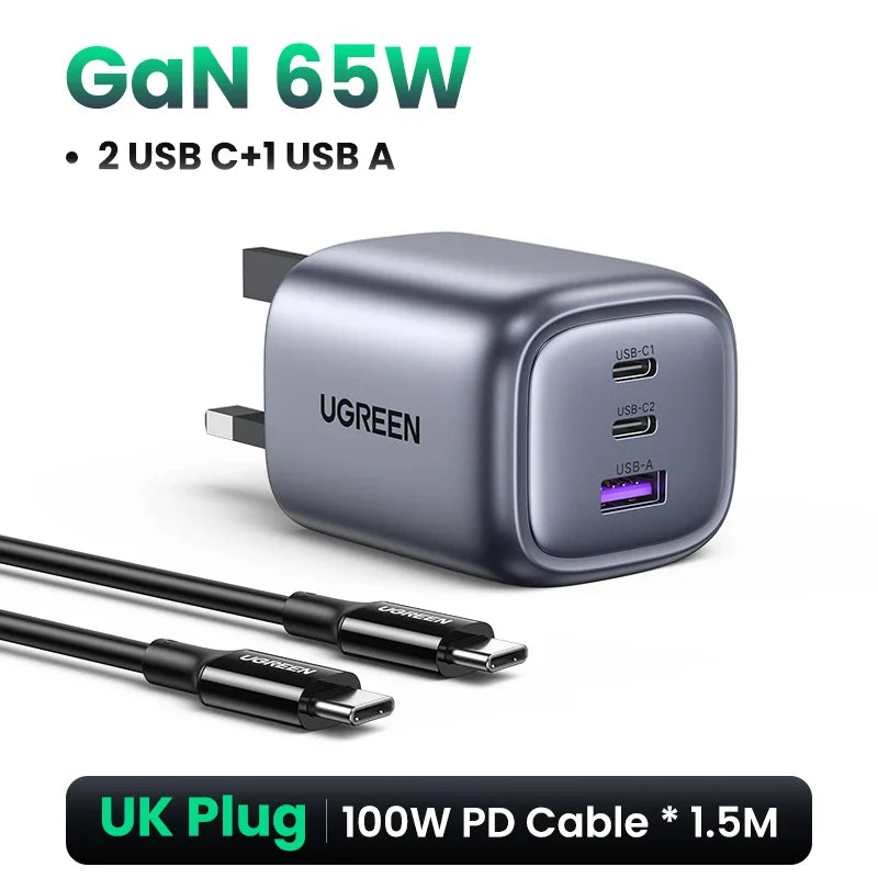 UGREEN 65W GaN Charger Quick Charge 4.0 3.0 Type C PD Fast Phone Charger USB Charger For Macbook Pro Laptop iPhone 17 15 15 Pro