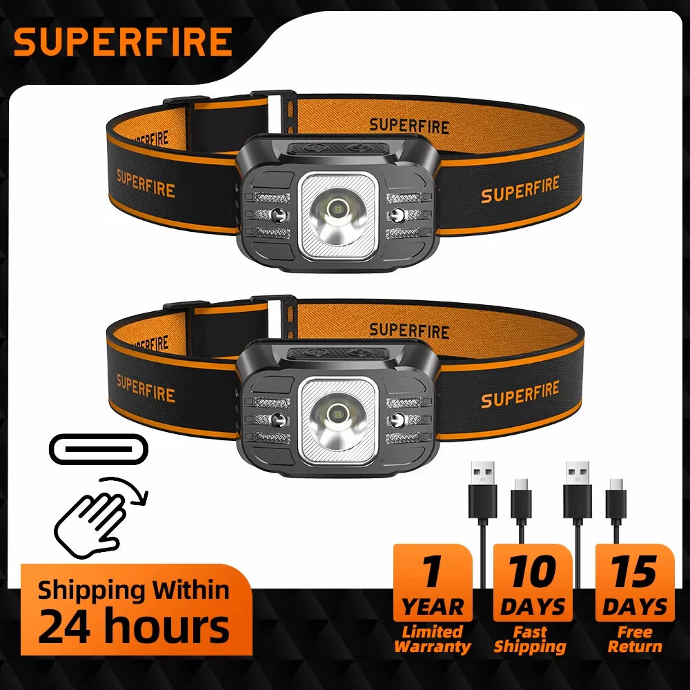 New SUPERFIRE Mini LED Headlamp USB-C Rechargeable Sensor He