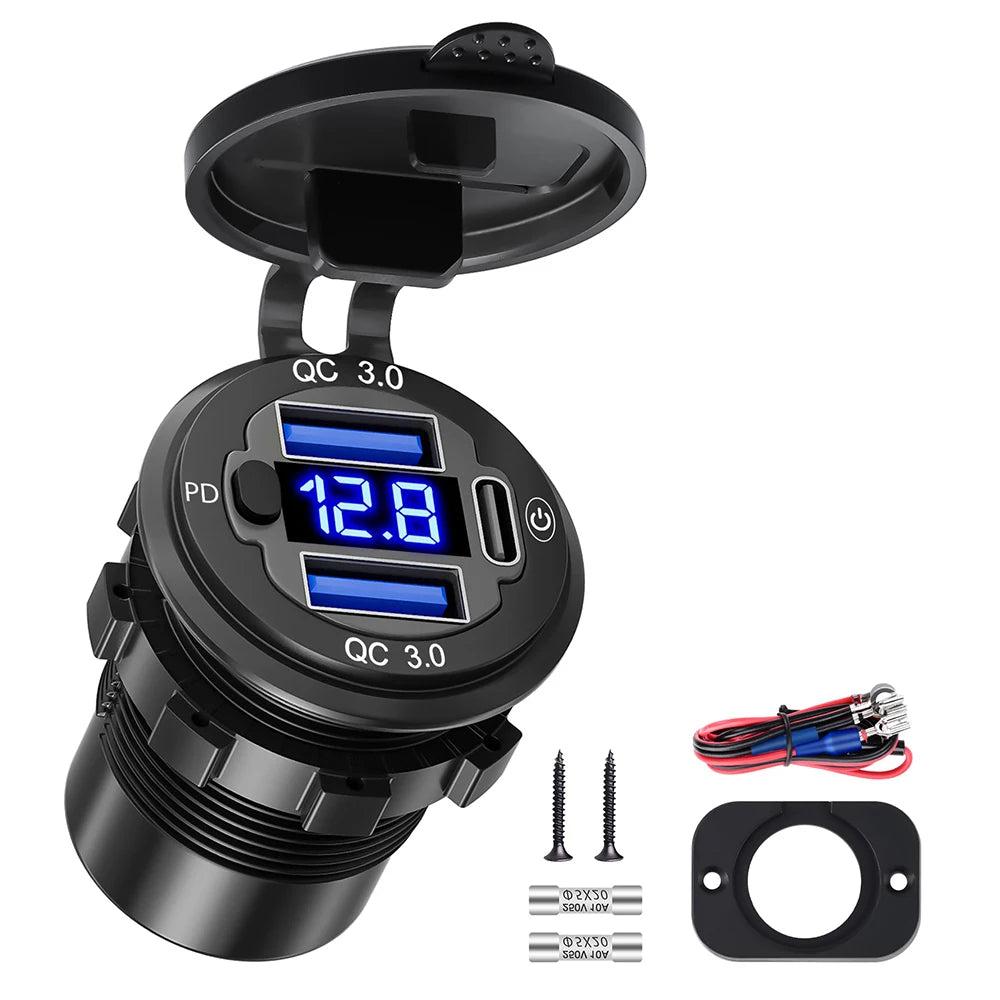 55W Dual QC3.0 PD Fast Charger Motorcycle USB Socket LED Voltmeter Power Outlet Waterproof 3 Port Car Charger for Phone Tablet