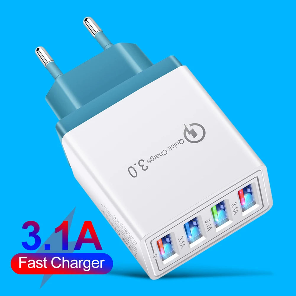 QC 3.0 Quick Charger 5V 3A USB Charger Fast Charging Charge 4 Ports LED Light Phone Charge Adapter EU Plug Charger Accessories