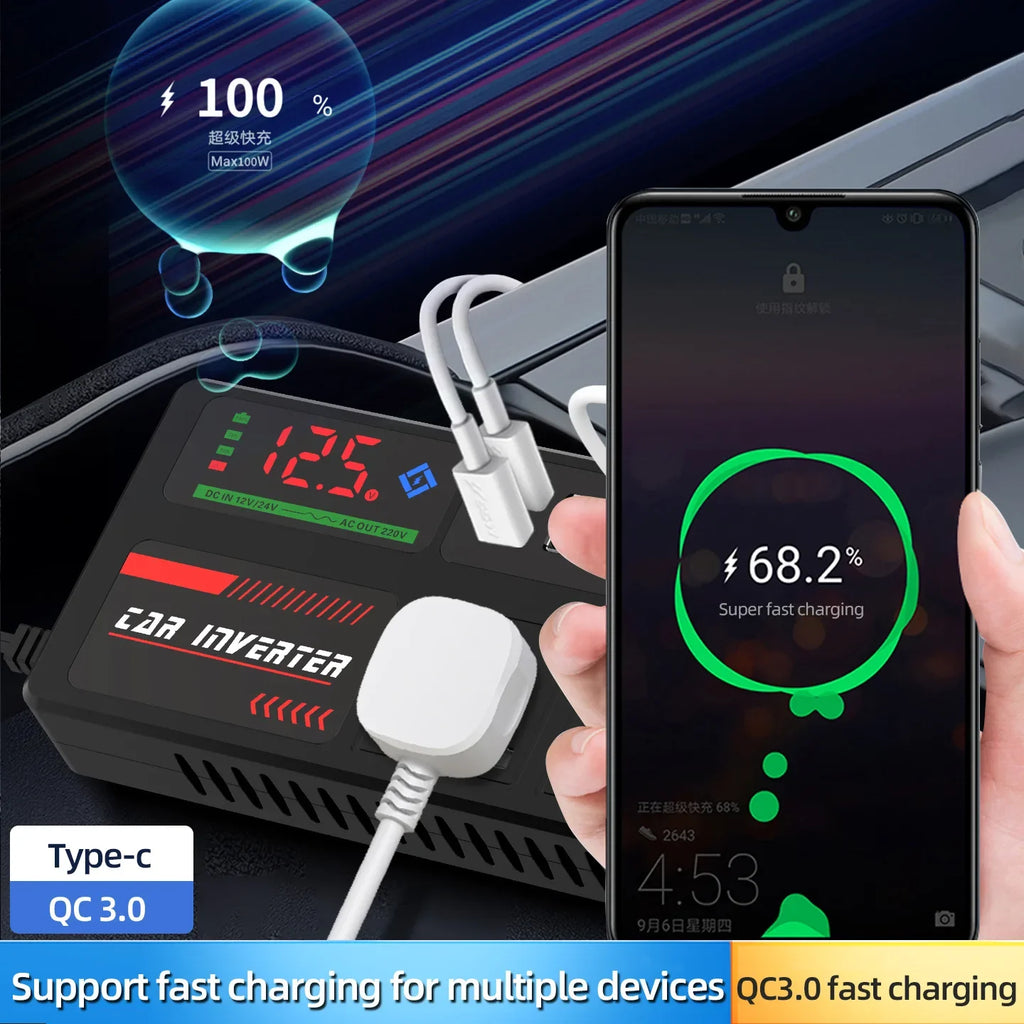 Portable Car Inverter 12V to 110V 24V to 220V Outlet Adapter