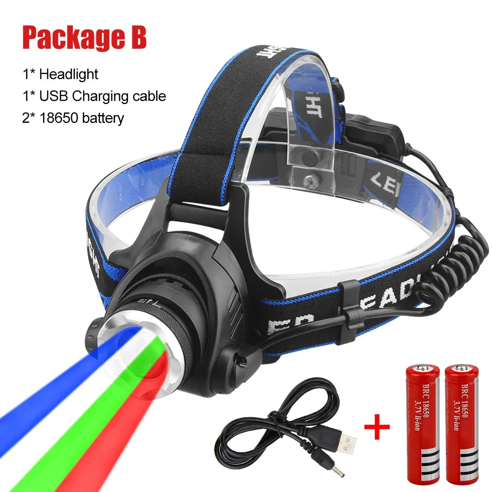 LED four light source telescopic focus Headlamp Waterproof Head Light Rechargeable Fishing Searching Camping Head Flashlight