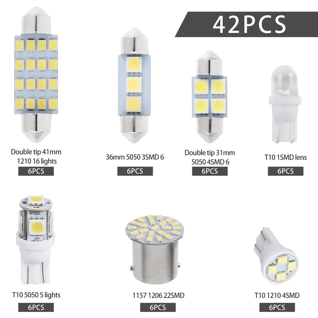 42Pcs LED Car Interior Lights T10 6000K SMD LED Replacement 
