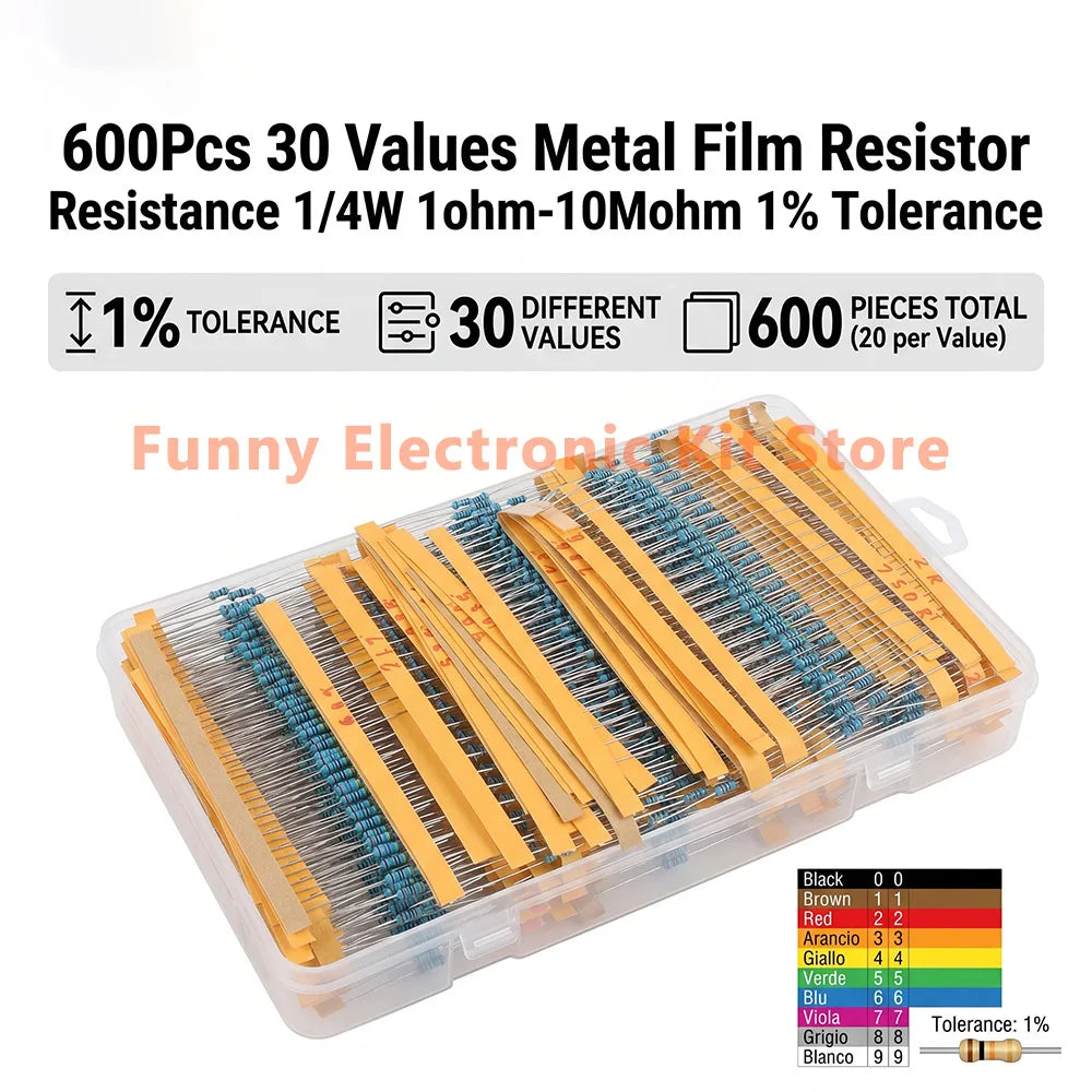 600 Pcs Assorted Metal Film Resistor Kit 30 Values 1/4W Resi