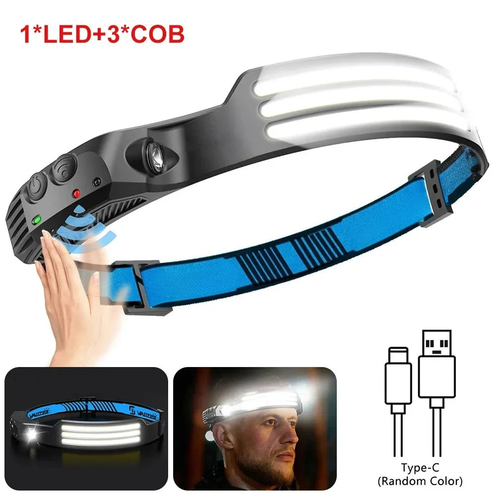 Induction Headlamp COB+LED Head Flashlight Built in Battery USB Rechargeable Outdoor Waterproof Camping Fishing Work Lantern