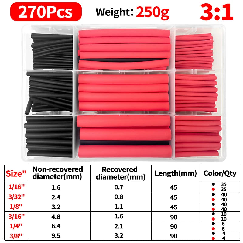3 1 Waterproof Adhesive Heat Shrink Tube Kit 180 220 270 500PCS Wire Cable Repair Insulation Sleeve Polyolefin Tubing Set