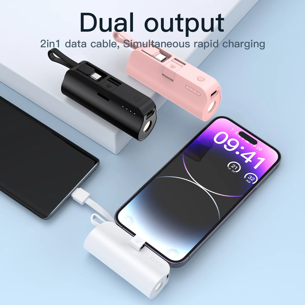 Mini Portable 5000mAh Power Bank with Built-in Cable Chargin