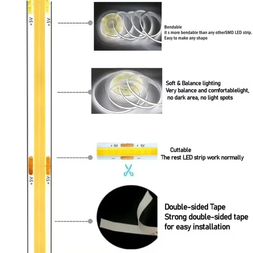 5V USB COB Lamp Strip 320LEDs/M White/Red/Pink/Ice Blue/Yell