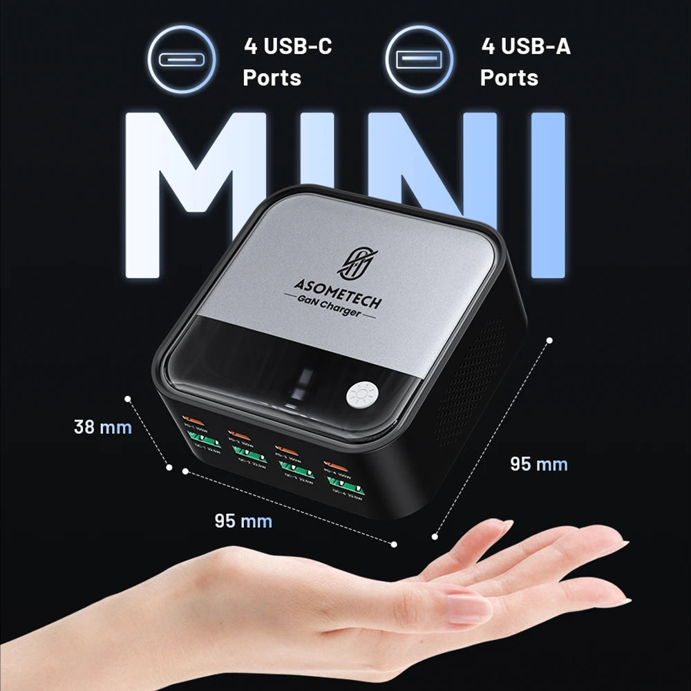 GaN USB C Charger 8 Port Mini Desktop Charger Ambient Lighti