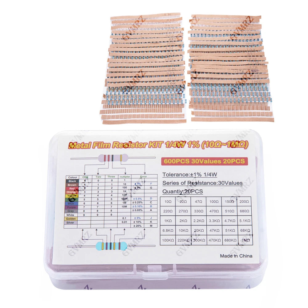 600PCS 30Values 1/4W Metal Film Resistor Assortment Kit - 20