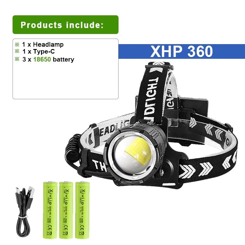 2026 New XHP360 Powerful Headlight Ultra Bright 5000M Led Headlamp Rechargeable Head Flashlight Camping Fishing Headlight 18650