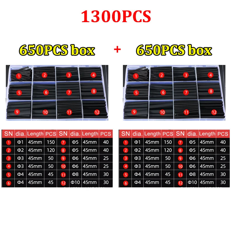 1300/127Pcs Heat Shrink Tube Sleeving Tubing Assortment Kit 
