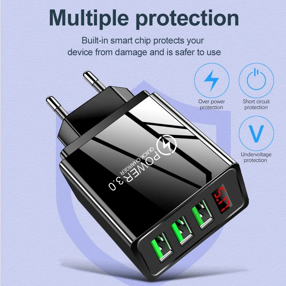 USB Charger 3 Ports Quick Fast Charging Wall Adapter with LE