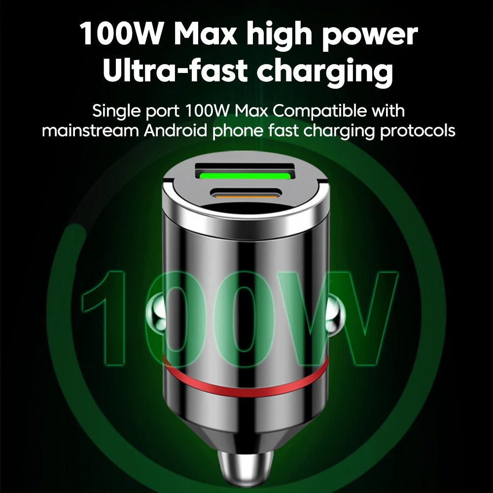 100W Dual Ports Mini Car Pull Ring Charger PD30W USB Type C 