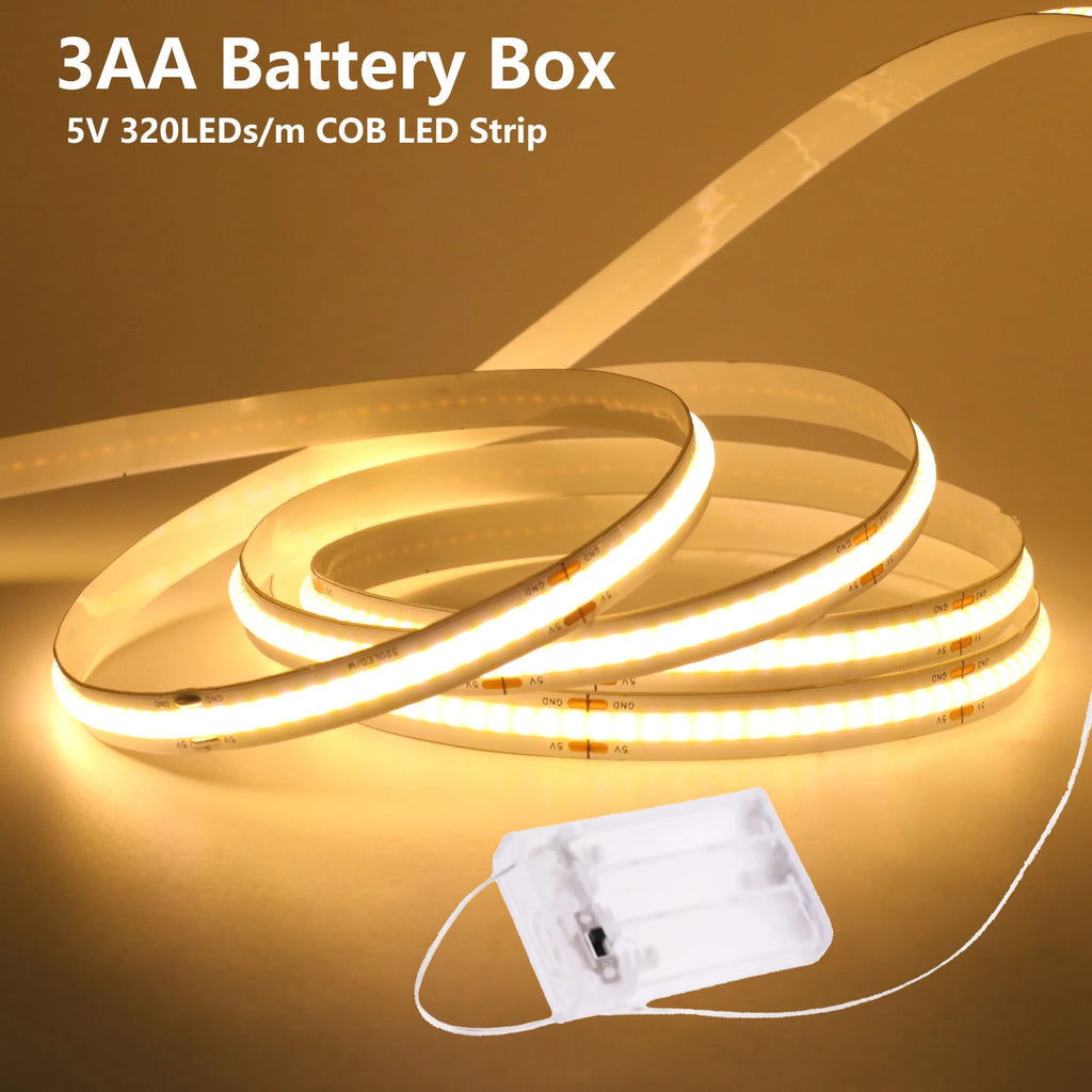 3AA Battery Box COB LED Strip 5V 8MM 320LEDs/m Warm Natural 