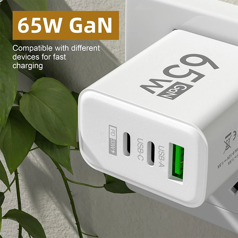 GaN Fast Charging 65W USB Type C Charger EU KR US PD 3.0 Qui