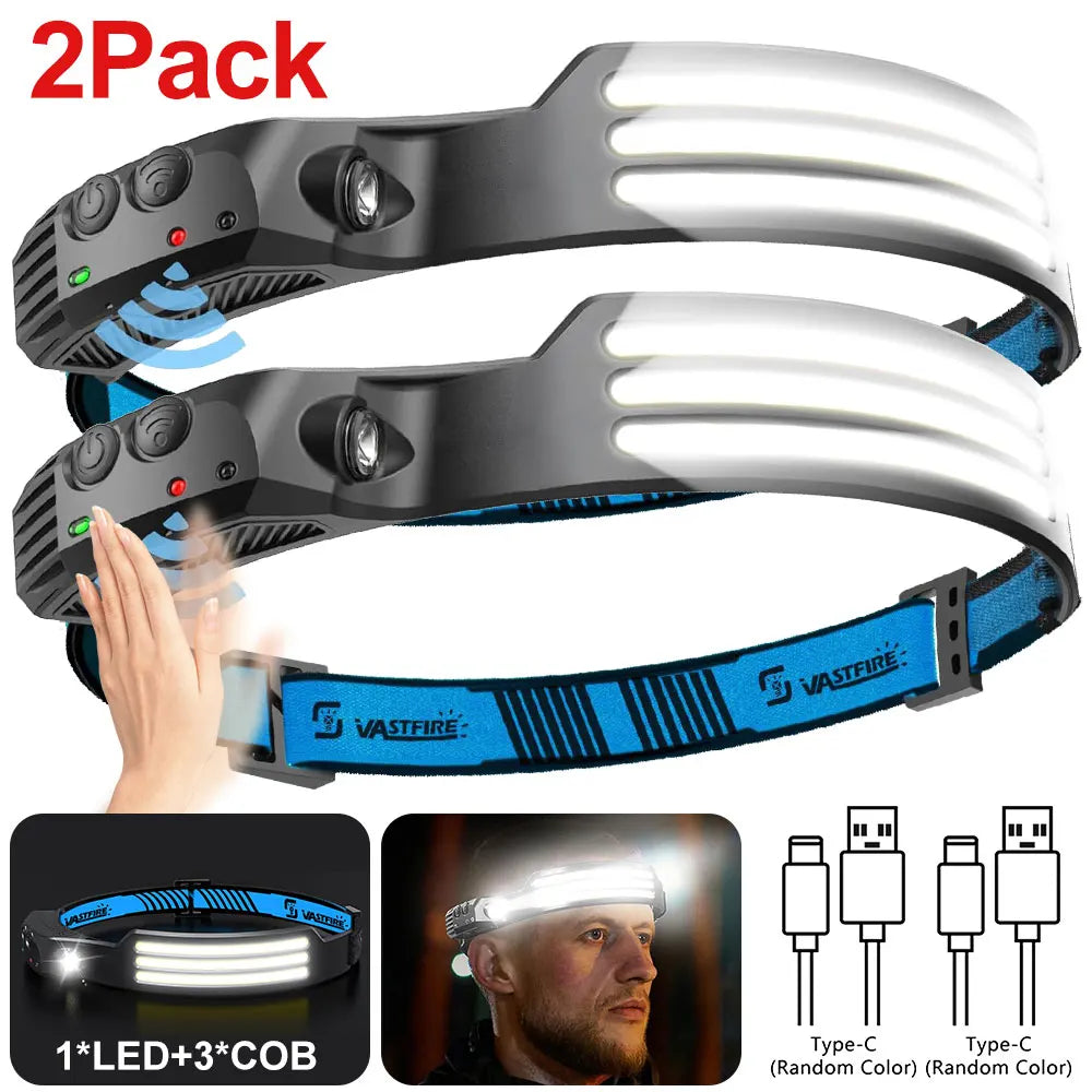 Induction Headlamp COB+LED Head Flashlight Built in Battery USB Rechargeable Outdoor Waterproof Camping Fishing Work Lantern