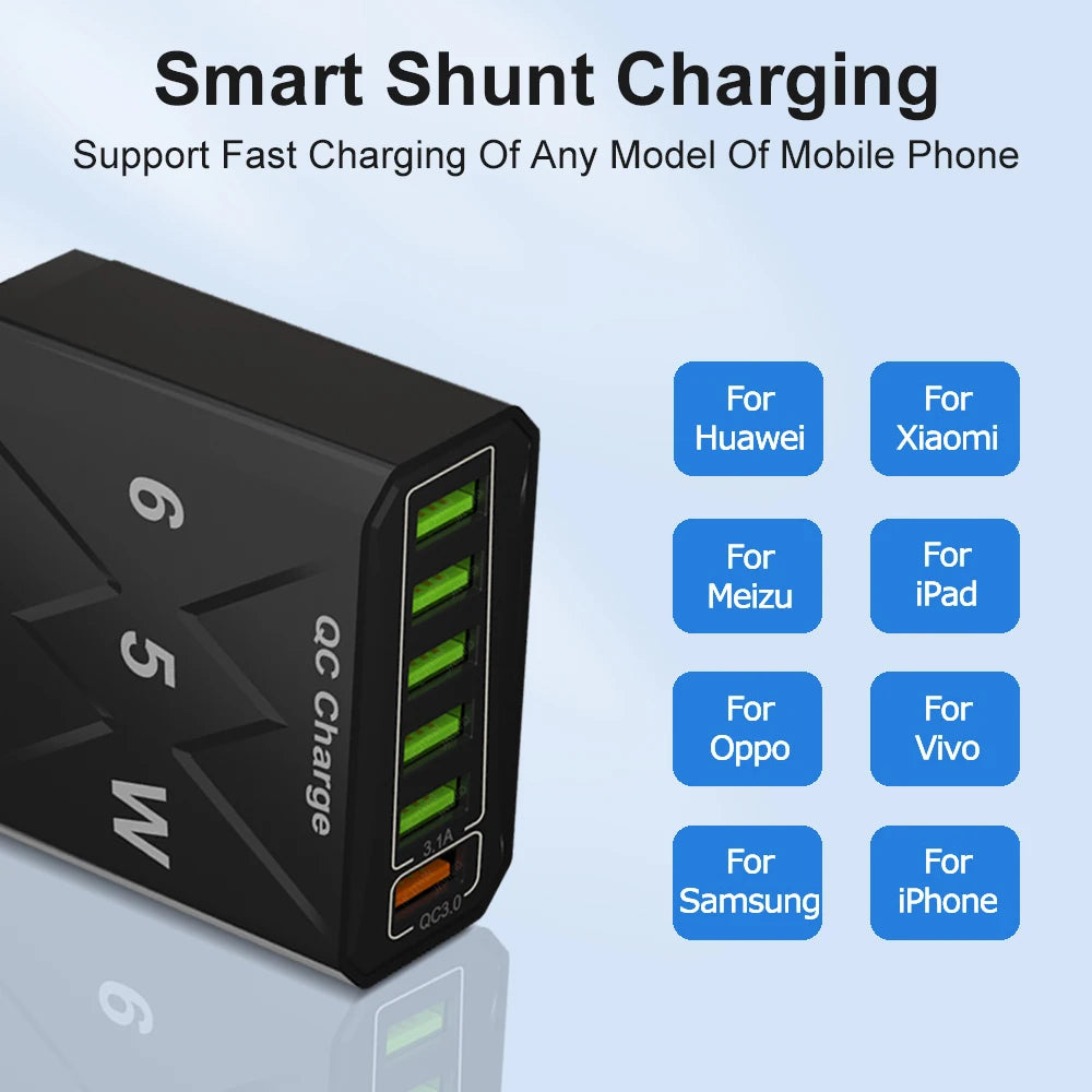 6 Ports USB Charger Fast Charging QC3.0 Travel Charger For I