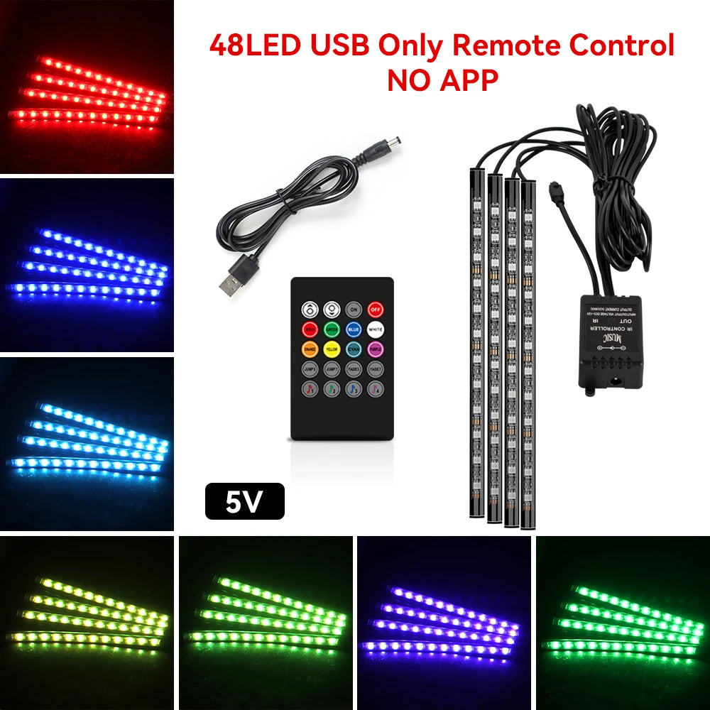 72/48/36 LED RGB Car Foot Ambient Light with USB Cigarette Automotive Interior Lights Strip Decoration Bar Remote/Voice Control