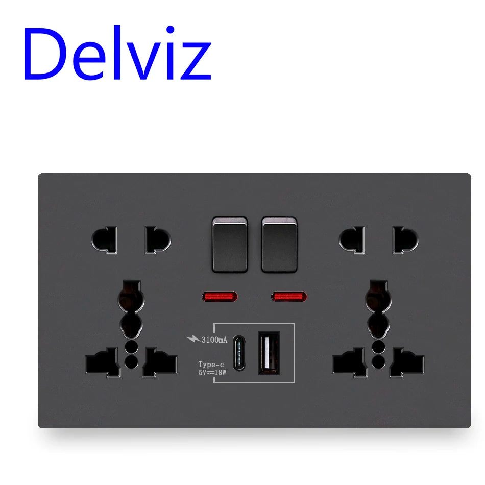 Delviz Wall Quick Charge Socket 18W Type-C Ports Dual Switch