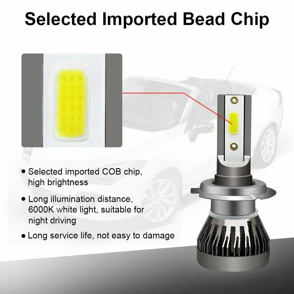 2Pcs H7 Car Light LED Headlight 200W 20000LM Hi/Low Beam Bul