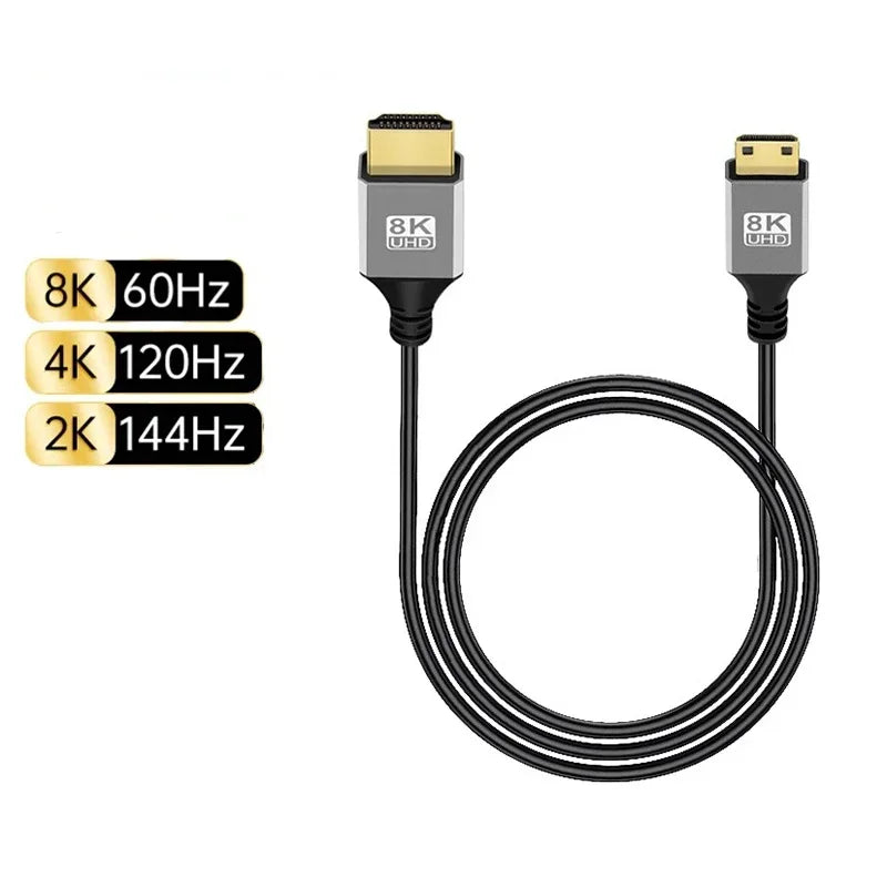 Mini/Micro HDMI-Compatible 8K UHD Cable 90 Degree Up/Down/Left/Right Angle HD Port Thin Cord for Laptop Camera Tablet Camcorder