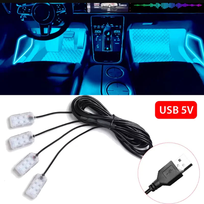 Car Led Foot Ambient With USB Cigarette Lighter Backlight Mu