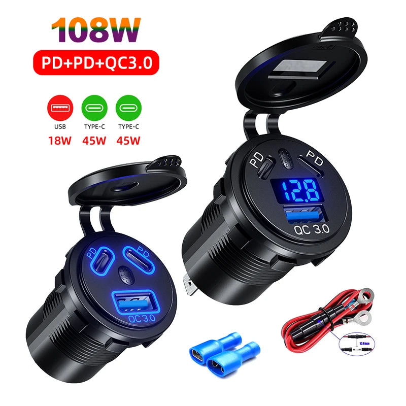 12V/24V USB Outlet 108W 3 Ports Car Charger Socket Dual 45W 